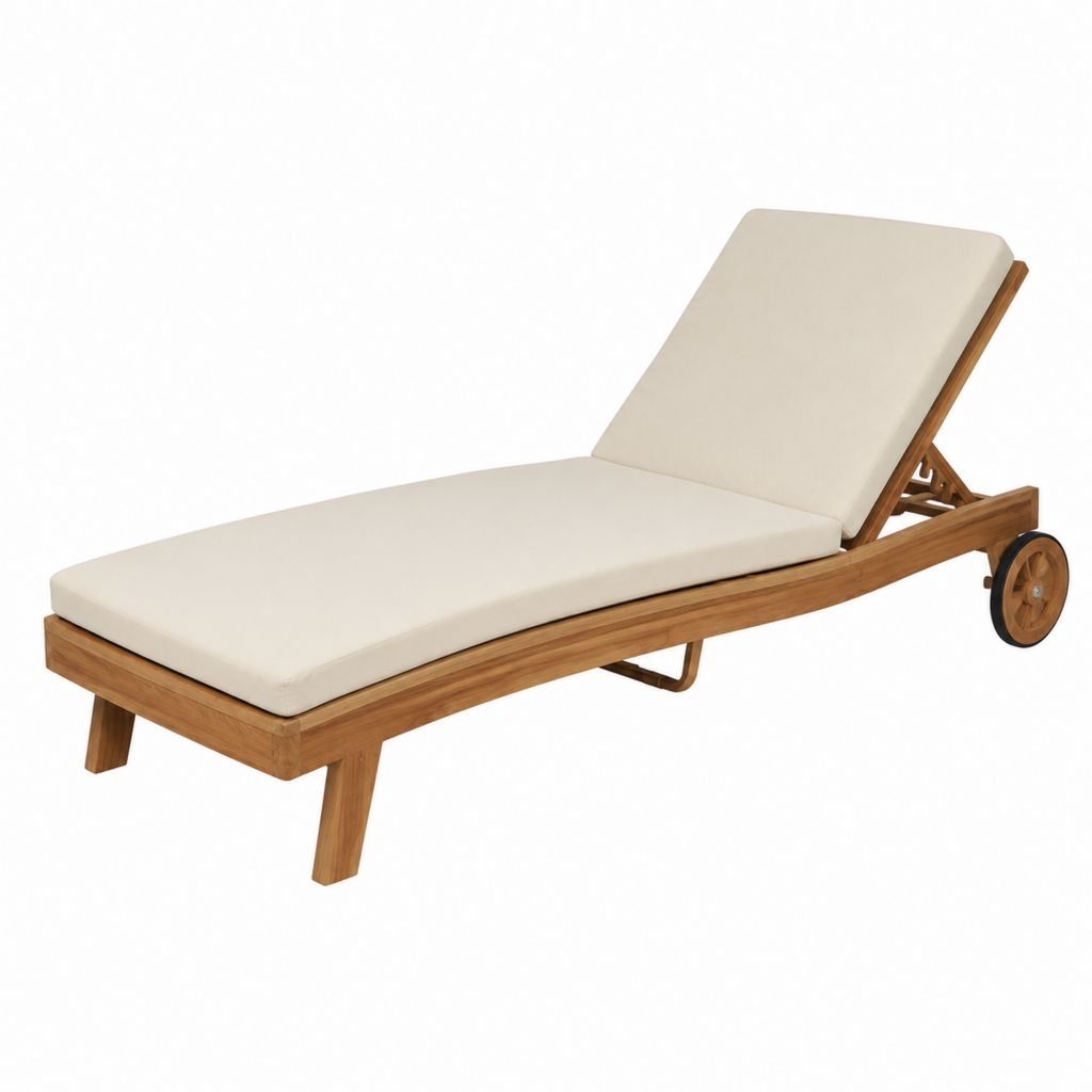 Bain de soleil à roulettes en bois massif d'acacia beige avec coussin 200 x 70 x 35 cm