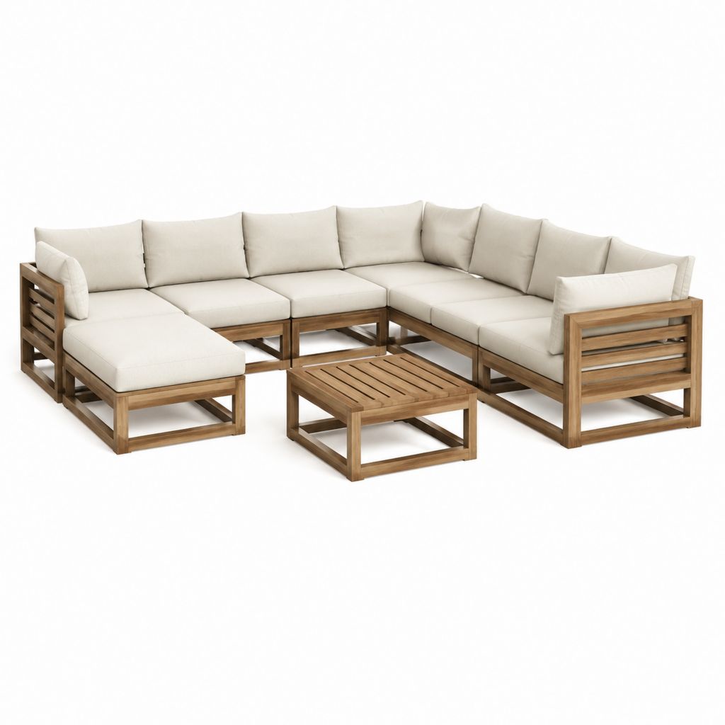 Salon de jardin d'angle 6 places beige et acacia massif en U 290 x 220 x 68 cm