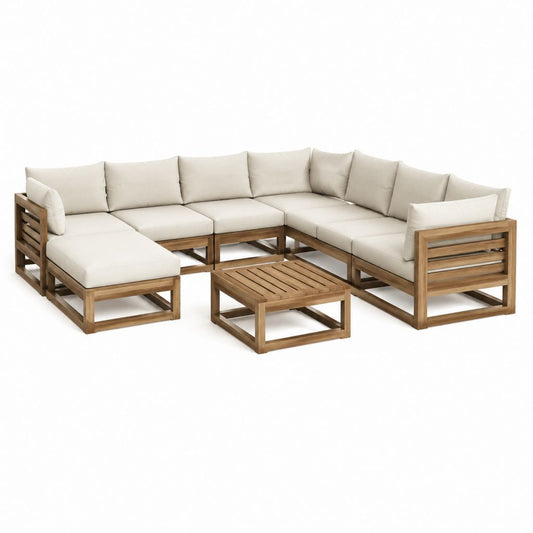 Salon de jardin d'angle 6 places beige et acacia massif en U 290 x 220 x 68 cm