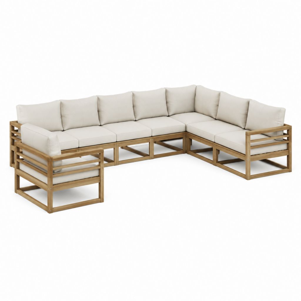 Canapé de jardin d'angle 6 places en L beige avec structure en acacia massif 285 x 220 x 75 cm