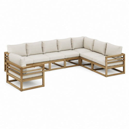 Canapé de jardin d'angle 6 places en L beige avec structure en acacia massif 285 x 220 x 75 cm