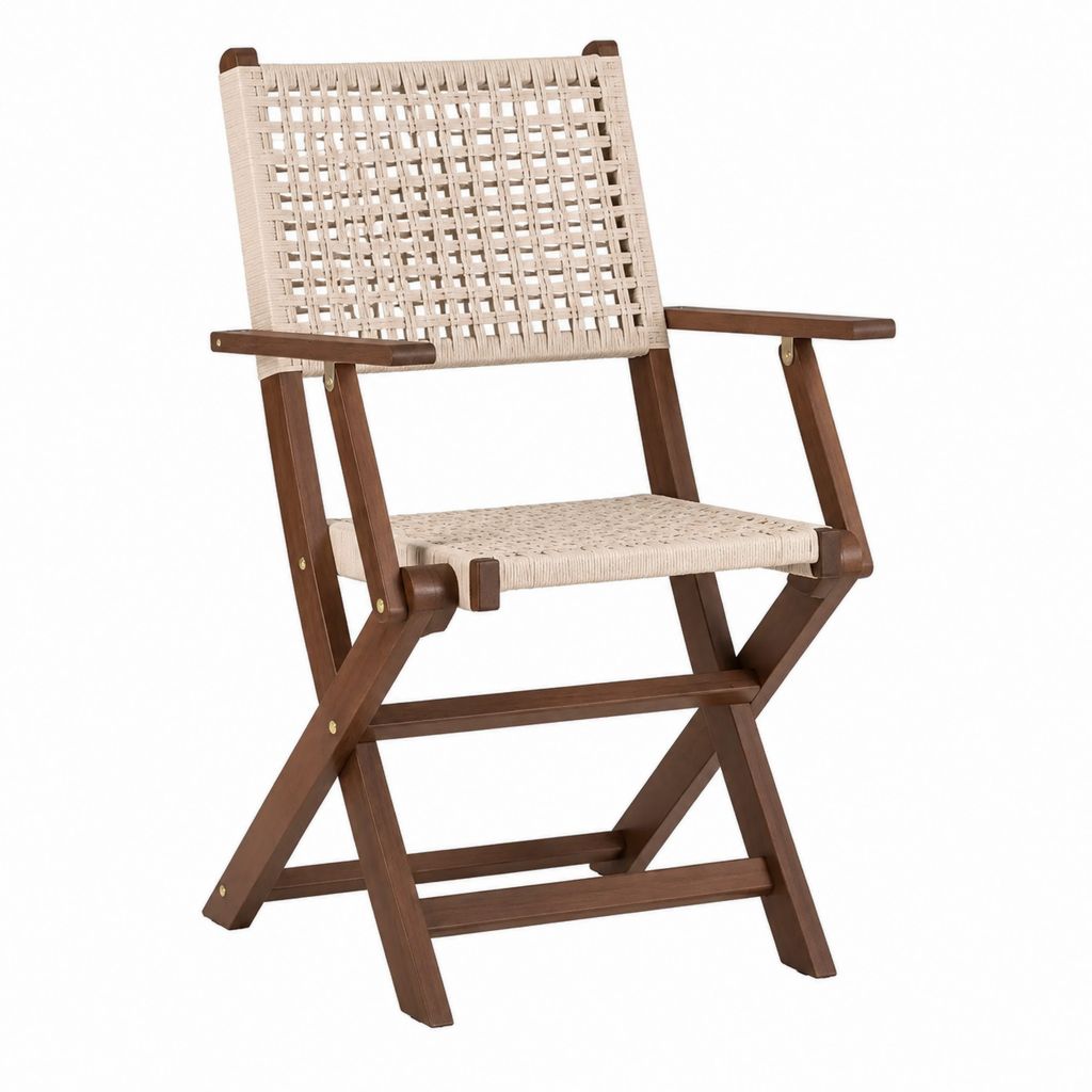 Fauteuil de jardin pliant avec accoudoirs marron en acacia massif et cordage polyester beige 56 x 60 x 88 cm