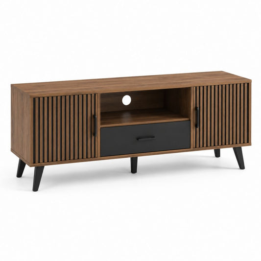 Meuble TV noyer et noir en panneaux de particules 160 x 40 x 60 cm avec 2 portes coulissantes et tiroir
