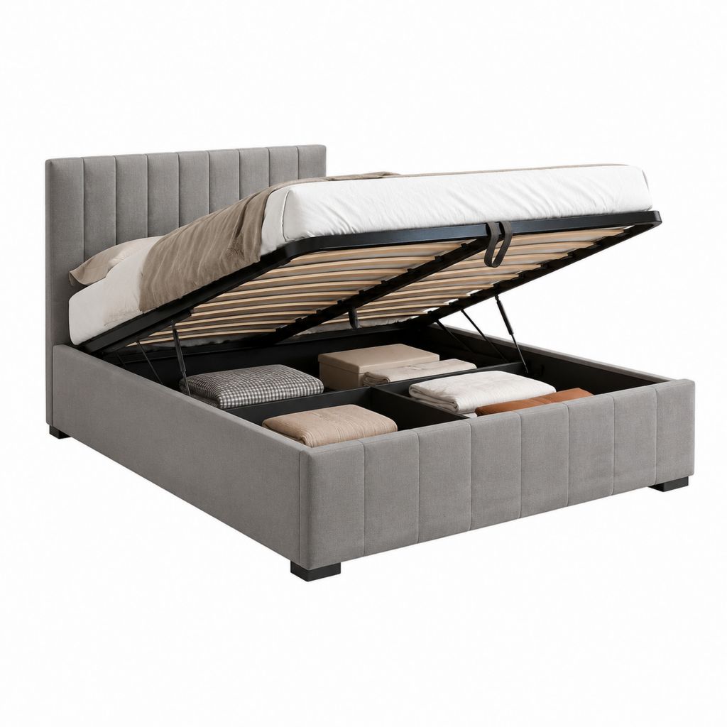 Lit coffre 160 x 200 cm gris en polyester avec sommier à lattes et tête de lit capitonnée