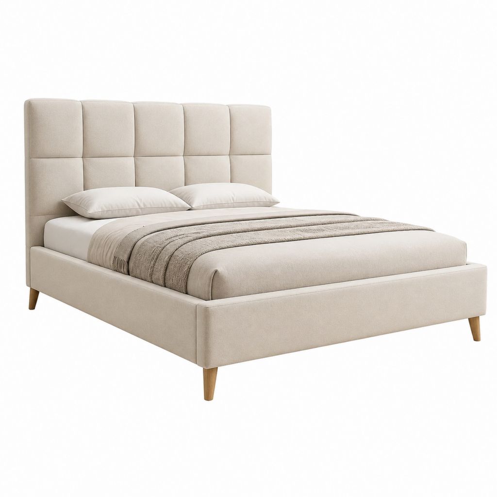 Lit coffre 160 x 200 cm beige rectangulaire en polyester avec tête de lit capitonnée