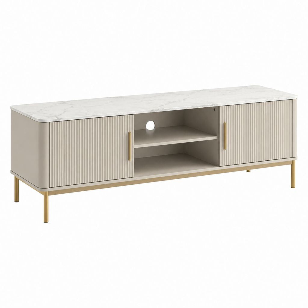 Meuble TV rectangulaire 2 portes beige effet marbre en panneaux de particules 160 x 40 x 55 cm