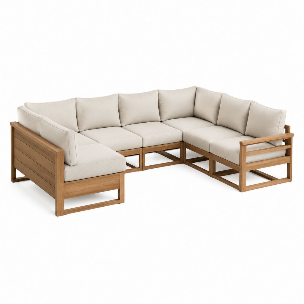 Salon de jardin d'angle 5 places beige en acacia massif 260 x 260 x 75 cm