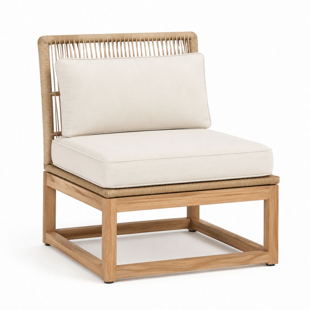 Fauteuil de jardin en teck massif et corde en polypropylène beige avec coussins 78 x 82 x 78 cm