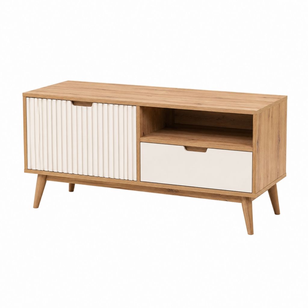 Meuble TV 140 cm chêne clair et blanc en panneaux MDF avec porte coulissante et tiroir