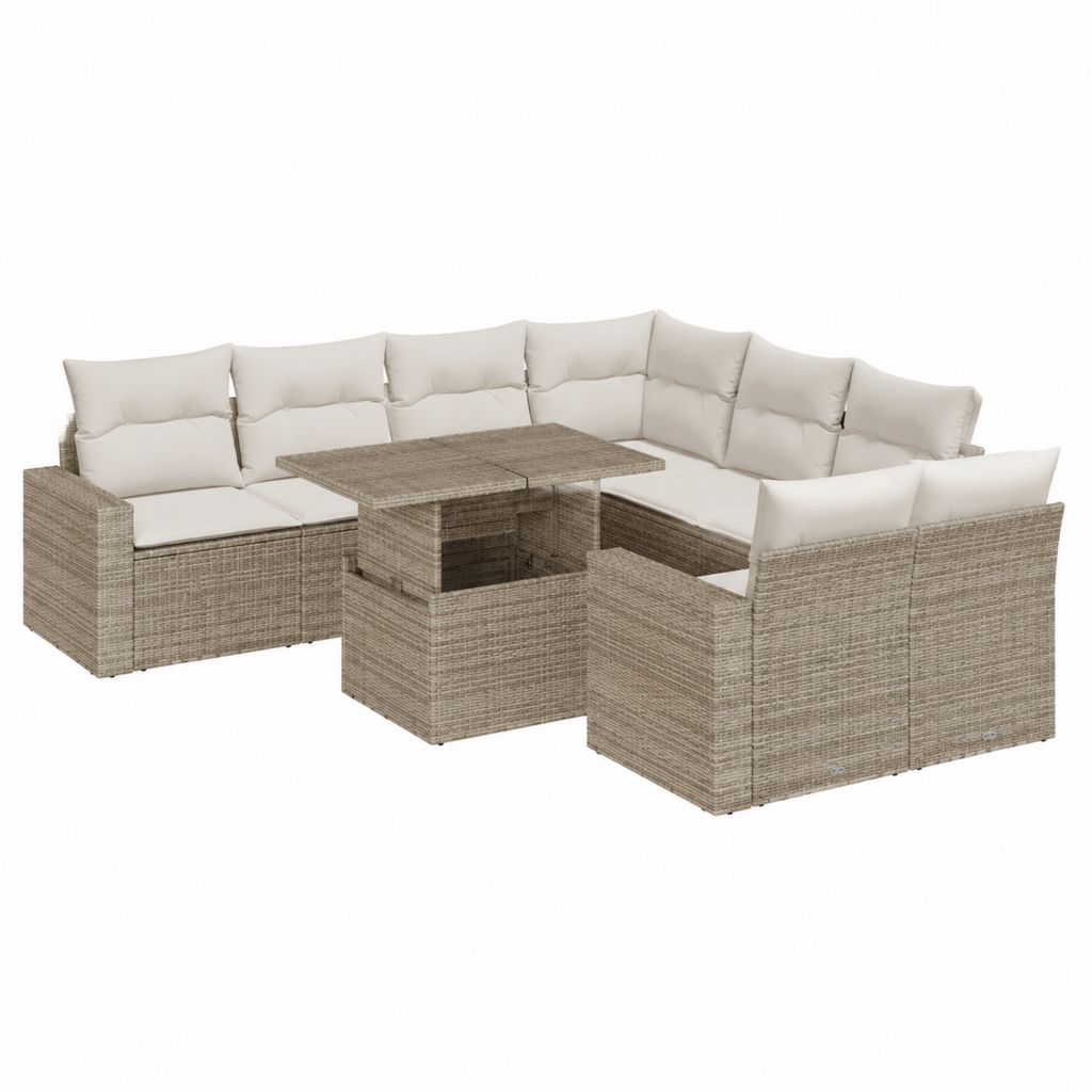 Salon de jardin d'angle 7 places en résine tressée taupe avec coussins beige et table réglable 280 x 210 x 86 cm