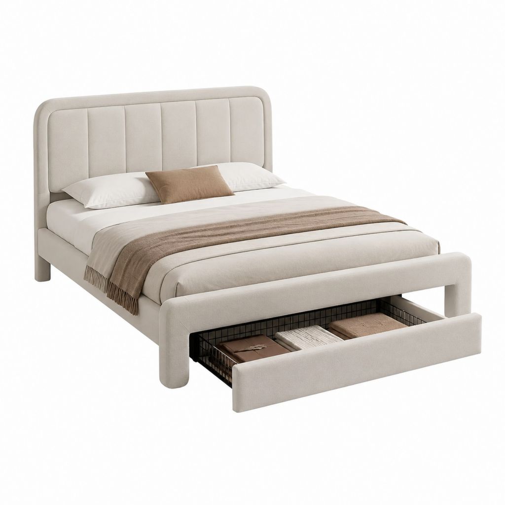 Lit double avec rangement beige en polyester 160 x 200 cm