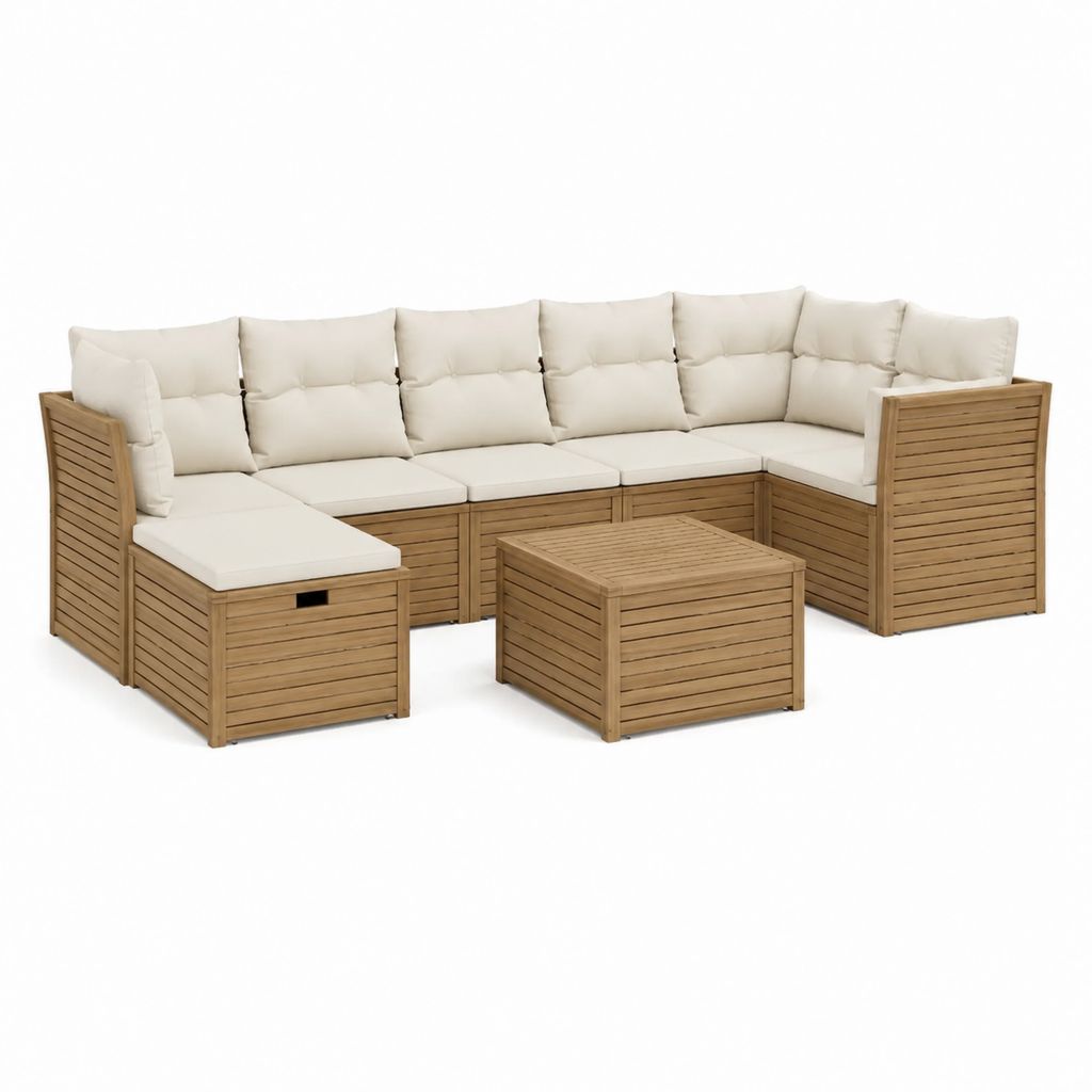 Salon de jardin d'angle 6 pièces en bois massif d'acacia beige avec coussins 250 x 180 x 60 cm
