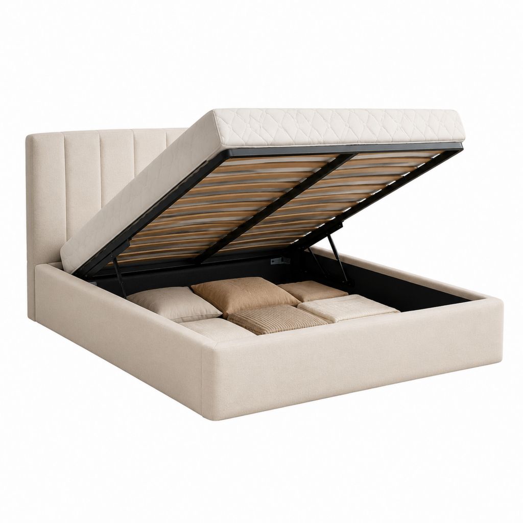 Lit coffre 160 x 200 cm beige en polyester avec sommier à lattes et tête de lit capitonnée