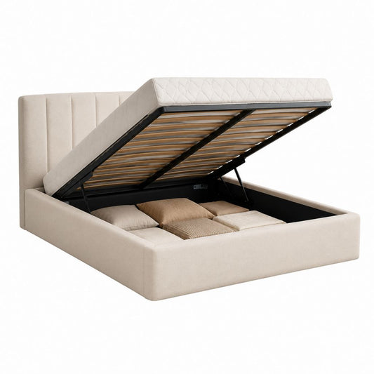 Lit coffre 160 x 200 cm beige en polyester avec sommier à lattes et tête de lit capitonnée