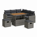 Salon de jardin 9 pièces gris en rotin PE avec table relevable 110 x 60 x 37-64 cm