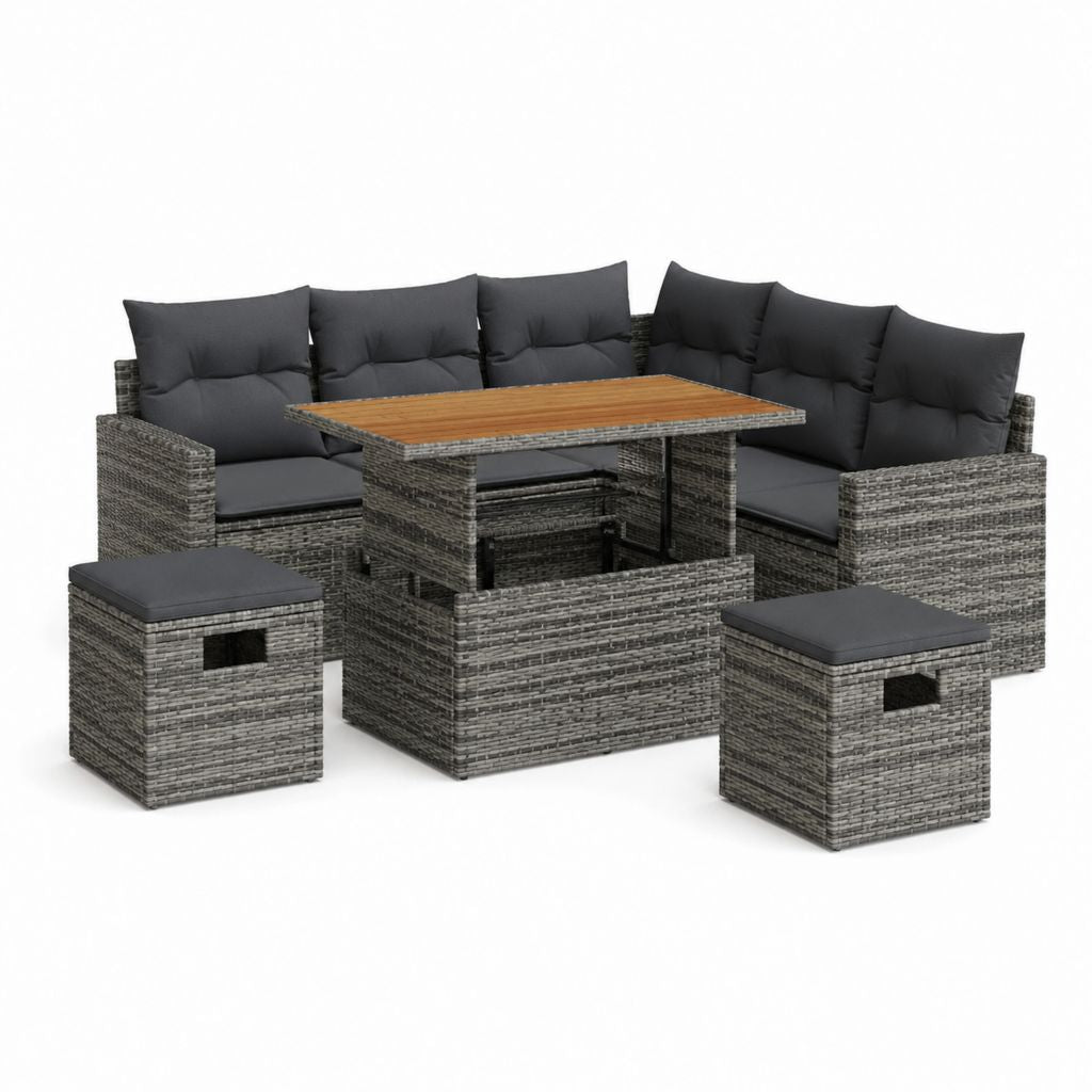 Salon de jardin 9 pièces gris en rotin PE avec table relevable 110 x 60 x 37-64 cm
