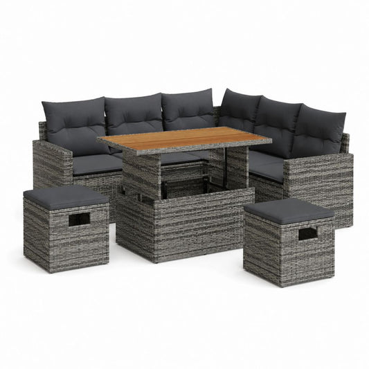Salon de jardin 9 pièces gris en rotin PE avec table relevable 110 x 60 x 37-64 cm