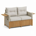 Canapé de jardin 2 places beige en acacia massif et corde PP avec tablettes rabattables 160 x 80 x 85 cm