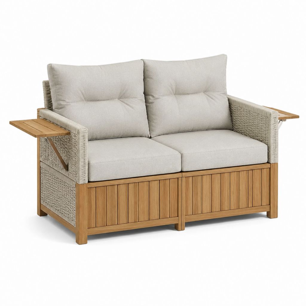 Canapé de jardin 2 places beige en acacia massif et corde PP avec tablettes rabattables 160 x 80 x 85 cm