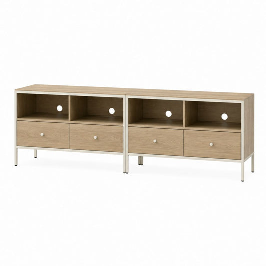Meuble TV 2 éléments rectangulaires chêne clair et blanc en panneaux de particules 240 x 40 x 65 cm