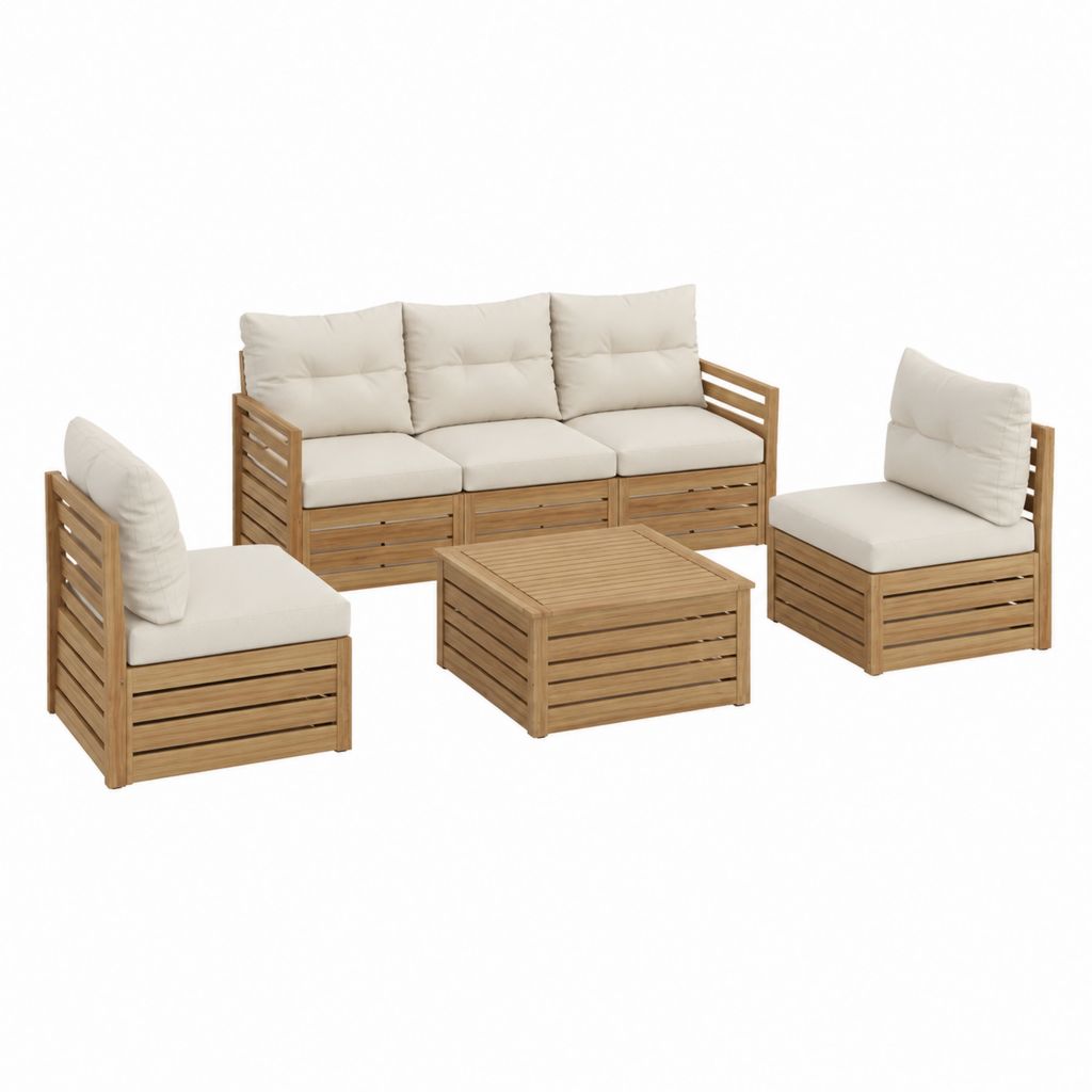 Salon de jardin 4 pièces en acacia massif naturel avec coussins crème canapé 180 x 66 x 65 cm