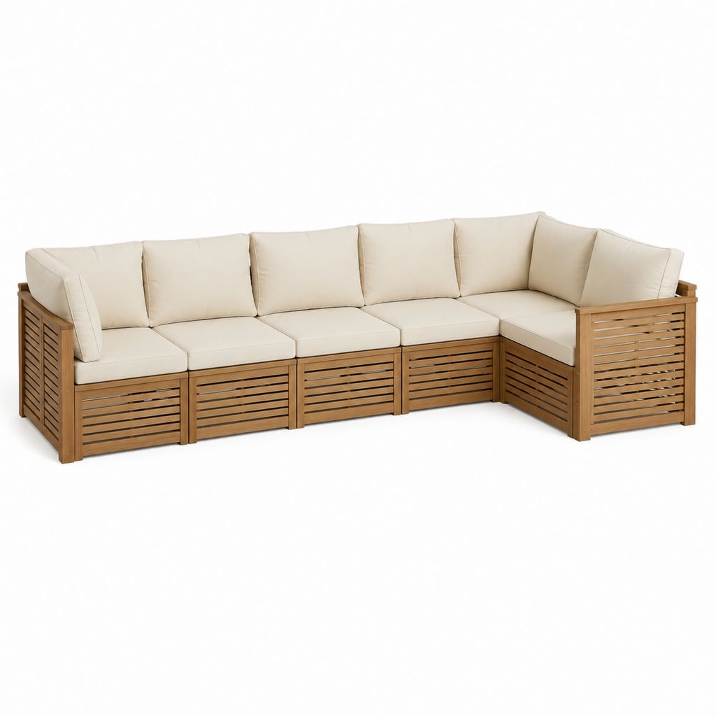 Canapé de jardin d'angle 5 places beige en acacia massif et polyester 295 x 220 x 78 cm