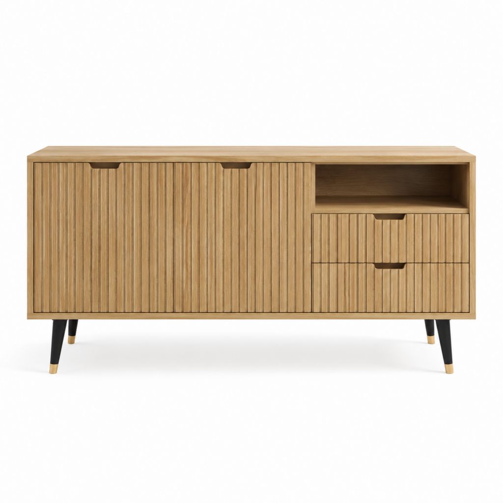 Meuble TV rectangulaire chêne naturel en MDF plaqué chêne 160 x 40 x 75 cm avec 2 portes et 2 tiroirs