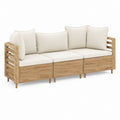 Canapé de jardin 3 places beige en acacia massif avec coussins 210 x 75 x 70 cm