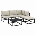 Salon de jardin d'angle 4 places beige et noir en aluminium et polyester 210 x 140 x 65 cm avec table basse
