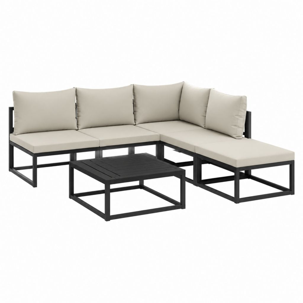 Salon de jardin d'angle 4 places beige et noir en aluminium et polyester 210 x 140 x 65 cm avec table basse