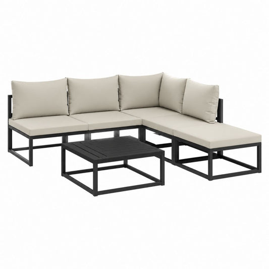 Salon de jardin d'angle 4 places beige et noir en aluminium et polyester 210 x 140 x 65 cm avec table basse