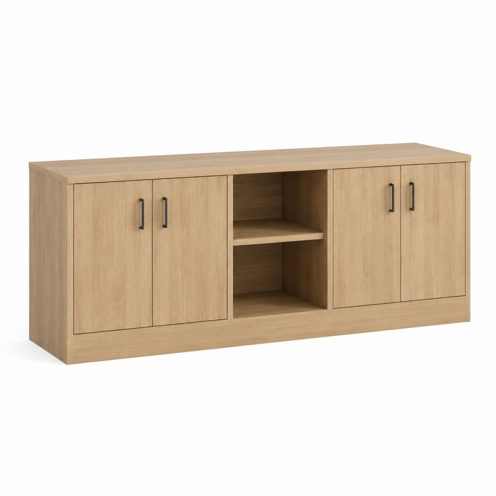 Meuble TV 160 cm chêne clair en panneaux de particules avec 4 portes et niches ouvertes