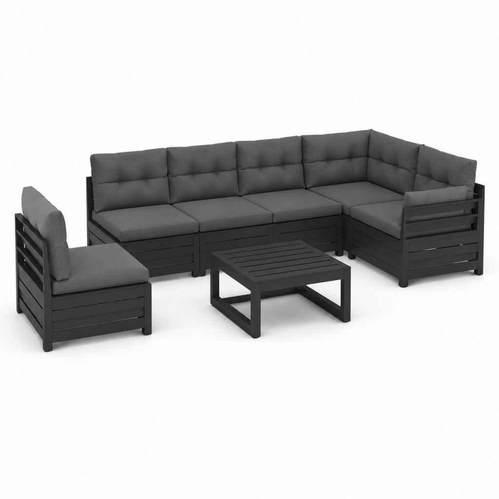 Salon de jardin modulable 6 pièces noir en pin massif avec coussins gris anthracite 210 x 140 cm