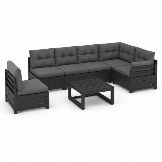 Salon de jardin modulable 6 pièces noir en pin massif avec coussins gris anthracite 210 x 140 cm